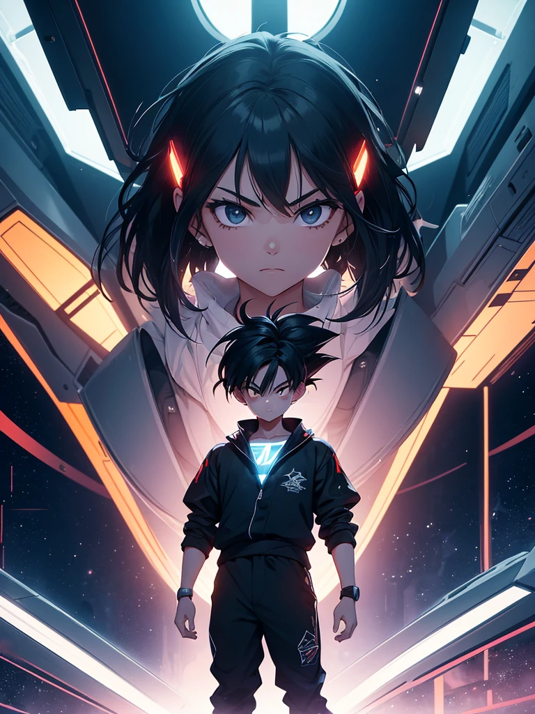 A young boy with thick, messy black hair, and jet black eyes, designed in the style of Dragon Ball Z. You are aboard a futuristic and advanced spaceship. The ship has an elegant and aerodynamic design, with bright LED lights that illuminate the interior. The boy is standing near a large panoramic window that offers a stunning view of the planet Earth, suspended in the vast dark space. The ship's cabin is equipped with control panels full of buttons and holographic screens that display various data and graphs.. There are ergonomic seats and metal structures that suggest both comfort and cutting-edge technology.. The exterior of planet Earth is seen in all its splendor, with its blue oceans and clearly visible continents, highlighting the beauty of the home from the immensity of space. The scene should capture the iconic and dynamic style of the anime, with details that highlight the futuristic atmosphere, adventure and the loneliness of space.