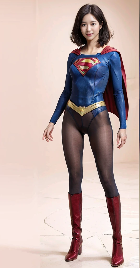 No background、(((Beautiful legs in black tights.)))、(((Legally express the beauty of your smile)))、((((Make the most of your original images)))、(((Supergirl Costume)))、(((Beautiful very short hair)))、(((suffering)))、(((Please wear black tights....、Wear red boots)))、((Best image quality、8K))、((Highest quality、8K、masterpiece:1.3))、(((Preserve background )))、Sharp focus:1.2、Beautiful woman with perfect figure:1.4、Slim Abs:1.2、Wet body:1.5、Highly detailed face and skin texture、8K