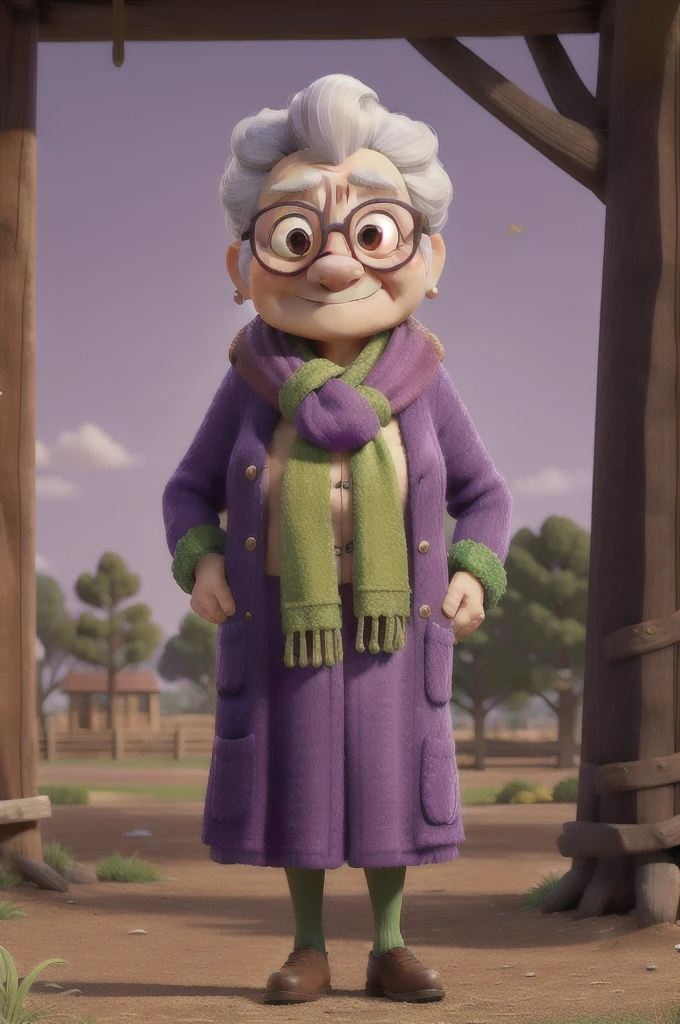 masterpiece, best quality, an old woman with glasses and a scarf on, wearing a purple coat and green scarf, standing at the park