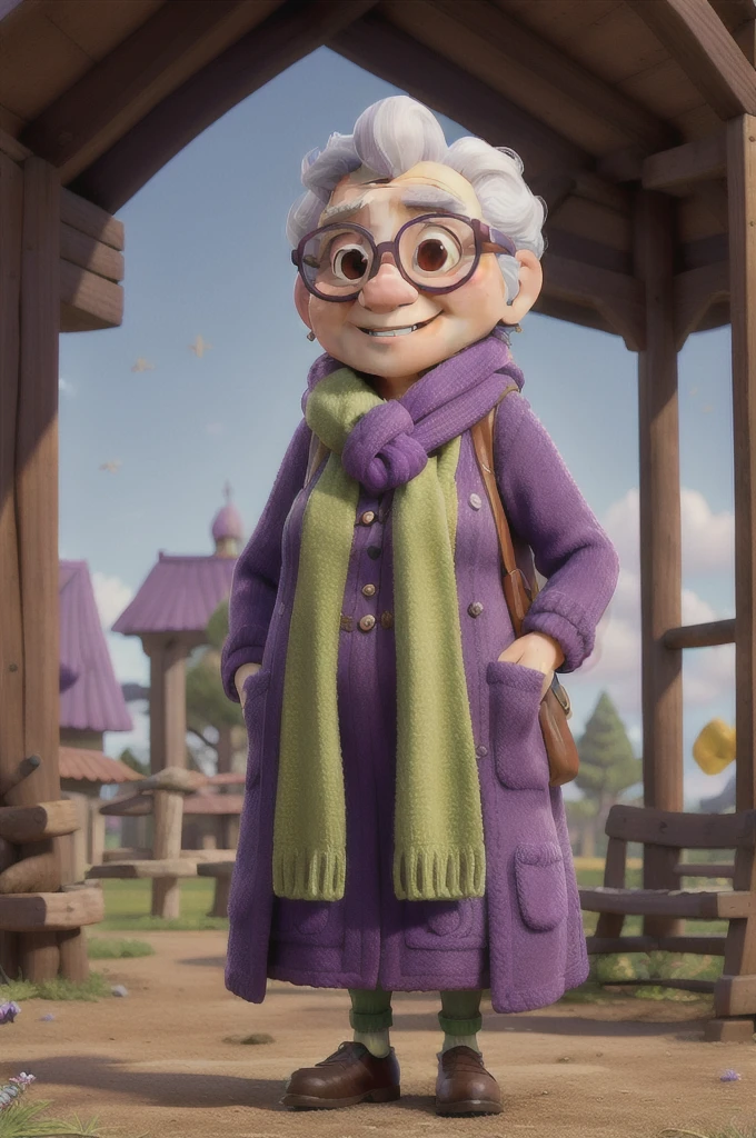 masterpiece, best quality, an old woman with glasses and a scarf on, wearing a purple coat and green scarf, standing at the park