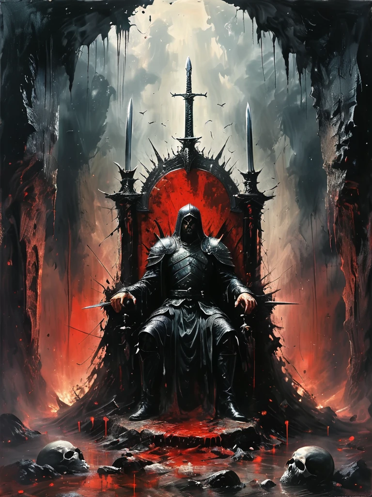 Cave，Underground Kingdom，Gothic style，A painting，(((Throne of Swords:1.37)))On a pile of skulls, Disturbing, crawl, gloomy, rotten, Blood rushes like a river，