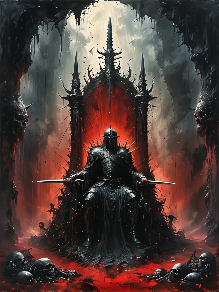 Cave,Underground Kingdom,Gothic style,A painting,(((Throne of Swords:1.37)))On a pile of skulls, Disturbing, crawl, gloomy, rotten, Blood rushes like a river,