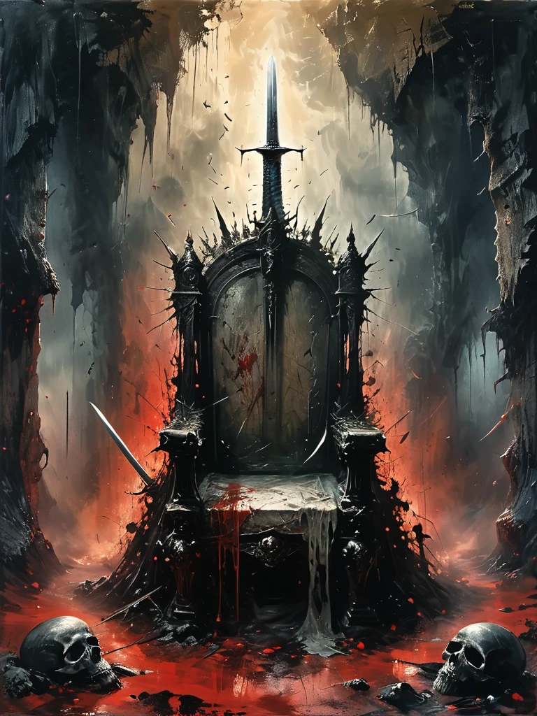 Cave，Underground Kingdom，Gothic style，A painting，(((Throne of Swords:1.37)))On a pile of skulls, Disturbing, crawl, gloomy, rotten, Blood rushes like a river，