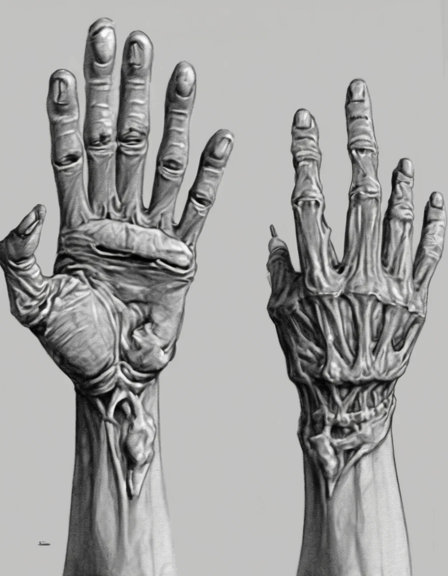 Monstrous, deformed and emaciated hand with horror eyes on back and palm of hand photorealist style