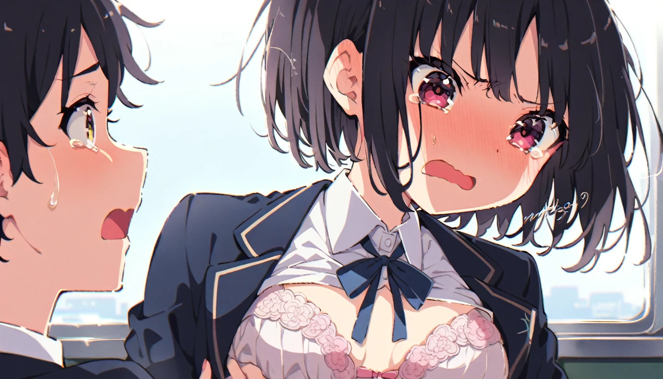 Black hair in a blazer uniform on the train、A girl with a short bob and small breasts, wearing only a floral bra, is crying in disgust after a molester touches her breasts over her bra.