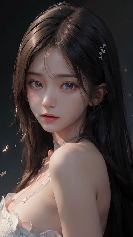 (Hyper-realistic) , (illustratio), (Increase the resolution), (8K), (extremely detaile), (Most Best Illustration), (Beautiful and delicate eyes), (best qualtiy), (ultra - detailed), (tmasterpiece), ( the wallpaper), (Detailed face), solo,1个Giant Breast Girl, looking at viewert, exquisite detailing, Detailed face, deep shading，low tune,pureerosfaceace_V1, ssmile,long whitr hair，Black shawl straight hair，46 points oblique bangs，Best quality、tmasterpiece、A high resolution、1girll、hair adornments、choker necklace、jewely、pretty  face、Physically、Tyndall effect、realisticlying、Shadow Studio、edge lit、bicolor lighting、（highdetailskin：1.2）、8K, Ultra HD、Digital SLR、softlighting、high high quality、volumettic light、sneak shot、photore、A high resolution、4K、8K, Yes、The background is blurred out，exposed breast