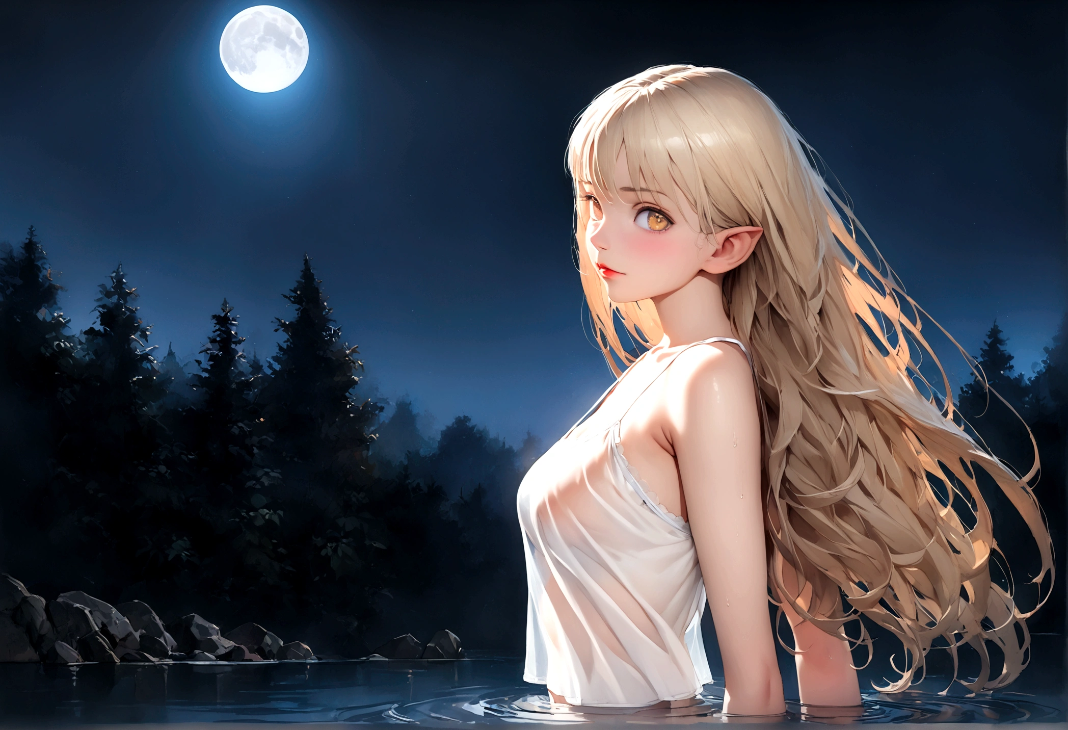 (((Top quality, 4k, 8k, high resolution, masterpiece: 1.2))), (super detailed), (realistic), (photorealistic), (photorealistic: 1.37), (HDR, UHD), (studio (lighting)), ultra-fine drawing, sharp focus, physically based rendering, highly detailed, professional, vibrant colors, perfect ditaile hand, highly detailed realistic eyes, anime, kawaii, qute, (((night, late night, dark, moonlight))), forest, deep forest,spring, small lake,(((One Woman))), (((to enter a lake, to enter the water, to wad up to one's waist in water))),back turned, look back, looking at viewer,Blonde, Long Hair, Elf Ears,(((Pure white camisole, translucent pure white camisole, see-through pure white camisole, long pure white camisole, lace pure white camisole, silk pure white camisole))), (((No underwear, nude))),My hair gets wet, my underwear gets wet,(((Long shot, Distant view))),
