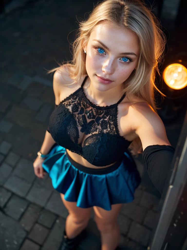 (selfie, view from above: 1.4), (straight half body,: 1.4), Portrait photo of a 24-year-old blonde in RAW UHD format. (blue eyed woman) Walking through dark alleys, big breasts,, город nightю, (skirt), (cutout), details (textured! , hair! , shine, color!! , deficiency: 1.1), brilliant eyes with high detail (looking at the camera), mirror lighting, SLR camera, ultra quality, Sharpness, depth of field, Granularity (center), FUDS HT3, crystal Clean, Frame center, Beautiful face, sharp focus, Street light, neon lighting, hips (dim), night, (night sky), detailed skin pores, oily skin, sunburn, intricate eye details, whole body, big breasts