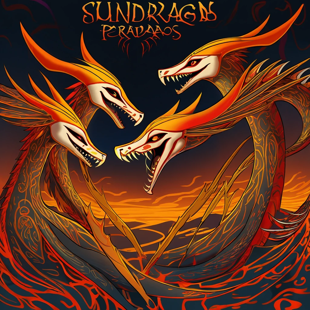 Sundragon Pterados with gold yellow orange-red and bronze color palette with background in nightmare fuel art style