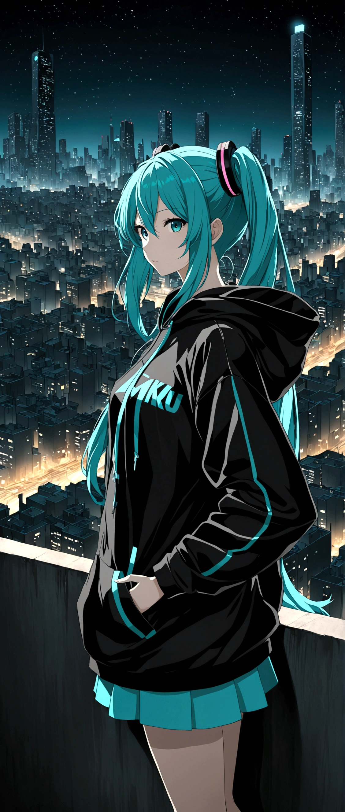 Hatsune Miku Hoodie Black City at night