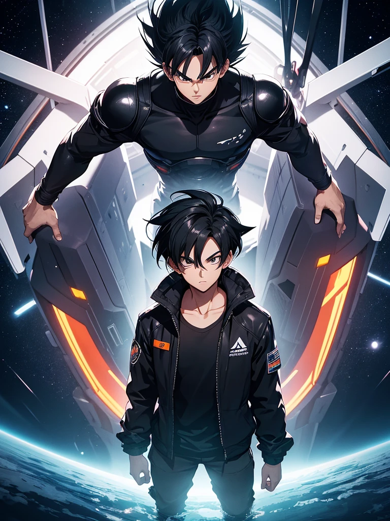 An adult boy with thick, messy black hair, and jet black eyes, designed in the style of Dragon Ball Z. You are aboard a futuristic and advanced spaceship. The ship has an elegant and aerodynamic design, with bright LED lights that illuminate the interior. The boy is standing near a large panoramic window that offers a stunning view of the planet Earth, suspended in the vast dark space. The ship&#39;s cabin is equipped with control panels full of buttons and holographic screens that display various data and graphs.. There are ergonomic seats and metal structures that suggest both comfort and cutting-edge technology.. The exterior of planet Earth is seen in all its splendor, with its blue oceans and clearly visible continents, highlighting the beauty of the home from the immensity of space. The scene should capture the iconic and dynamic style of the anime, with details that highlight the futuristic atmosphere, adventure and the loneliness of space.