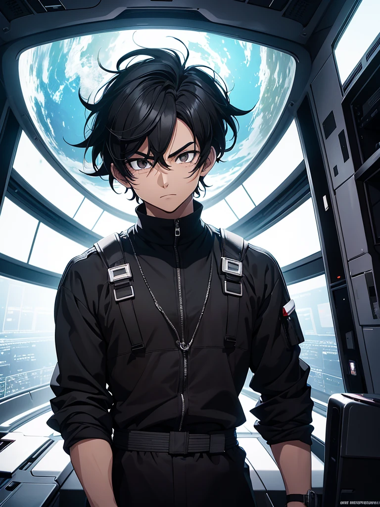 An adult boy with thick, messy black hair, and jet black eyes, designed in the style of Dragon Ball Z. You are aboard a futuristic and advanced spaceship. The ship has an elegant and aerodynamic design, with bright LED lights that illuminate the interior. The boy is standing near a large panoramic window that offers a stunning view of the planet Earth, suspended in the vast dark space. The ship&#39;s cabin is equipped with control panels full of buttons and holographic screens that display various data and graphs.. There are ergonomic seats and metal structures that suggest both comfort and cutting-edge technology.. The exterior of planet Earth is seen in all its splendor, with its blue oceans and clearly visible continents, highlighting the beauty of the home from the immensity of space. The scene should capture the iconic and dynamic style of the anime, with details that highlight the futuristic atmosphere, adventure and the loneliness of space.