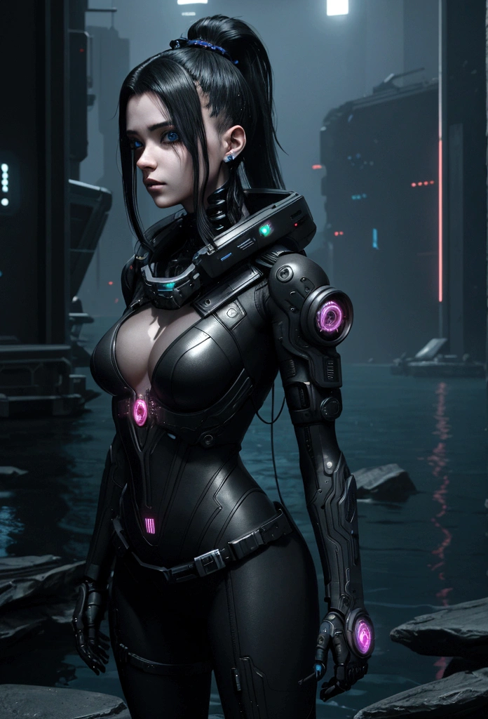 a beautiful cyberpunk girl in black in a black lake