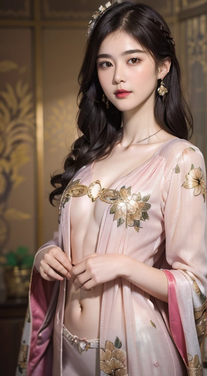 117
(20 year old woman,stand), (surrealism), (High level image quality), ((Beautiful Hairstyle 46)), ((long hair)), (soft smile), (chest:2), (lipstick), (floral pattern), (Light and Darkness), (rembrandt painting), (Luxurious rooms),큰 chest, glamour,  whole body