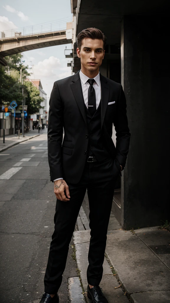 Model black. Suit. 