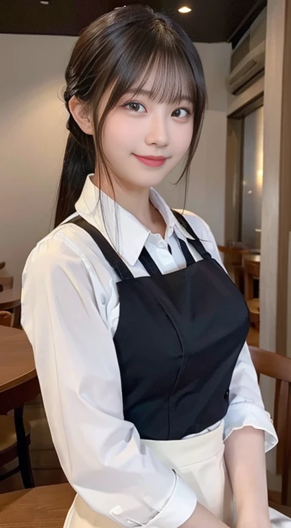 (highest quality,masterpiece:1.3,ultra high resolution,),(Super detailed,caustics),(Photoreal:1.4,RAW shooting,)ultra-realistic capture,very detailed,High resolution 16K human skin close-up。 natural skin texture、,The pores are、、、Must be detailed enough to be easily identified。 Skin should look even-toned and healthy。 Use natural light and color,restaurant,Waitress Uniform,1 girl,Japanese,18-year-old,cute,black haired,ponytail,big breasts,smile,turn your body forward,(Front view:1.1),look at the camera,cowboy shot,