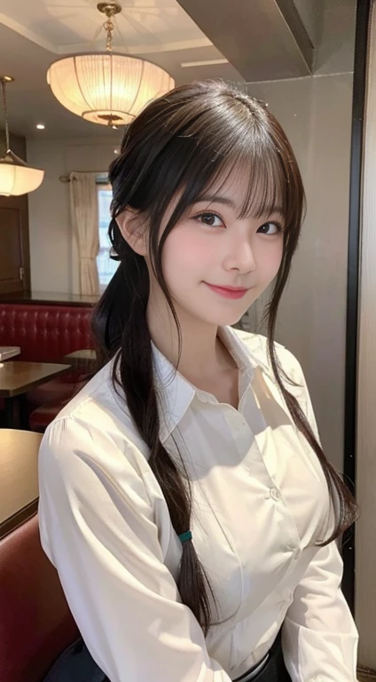 (highest quality,masterpiece:1.3,ultra high resolution,),(Super detailed,caustics),(Photoreal:1.4,RAW shooting,)ultra-realistic capture,very detailed,High resolution 16K human skin close-up。 natural skin texture、,The pores are、、、Must be detailed enough to be easily identified。 Skin should look even-toned and healthy。 Use natural light and color,restaurant,Waitress Uniform,1 girl,Japanese,18-year-old,cute,black haired,ponytail,big breasts,smile,turn your body forward,(Front view:1.1),look at the camera,cowboy shot,