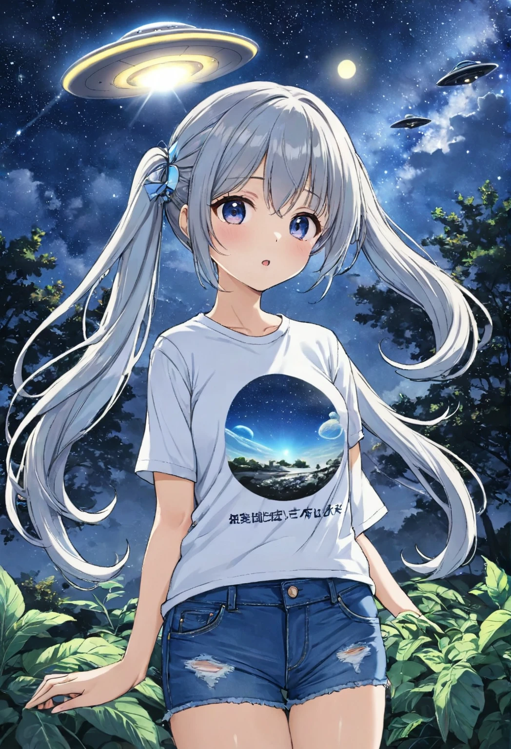 Light blue long hair、Twin-tailed Girl、T-shirt and jeans、Dark Eyes、Scary face、A large unidentified flying object (UFO) is flying、Aliens descended from a UFO、Girl with alien、A shining light from the UFO、Starry Sky、Moonlit Night、milky way、Aliens have appeared