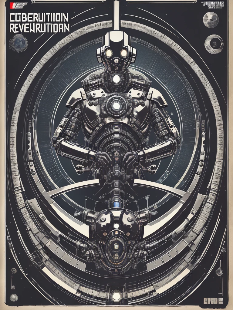 Cybernetic Revolutionaries, european male, magazine cover, poster art , Lovecraftian horror robot, bold huge text, matted design layout, strong, bold inking techniques, Metallic Silver and Gunmetal Gray: These colors are often used to represent the metallic components of cyborgs, giving them a sleek and futuristic appearance.