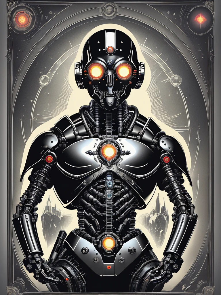 Cybernetic Revolutionaries, european male, magazine cover, poster art , Lovecraftian horror robot, bold huge text, matted design layout, strong, bold inking techniques, Metallic Silver and Gunmetal Gray: These colors are often used to represent the metallic components of cyborgs, giving them a sleek and futuristic appearance.