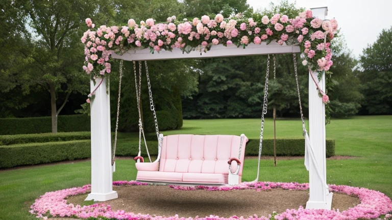 An empty swing, pink roses