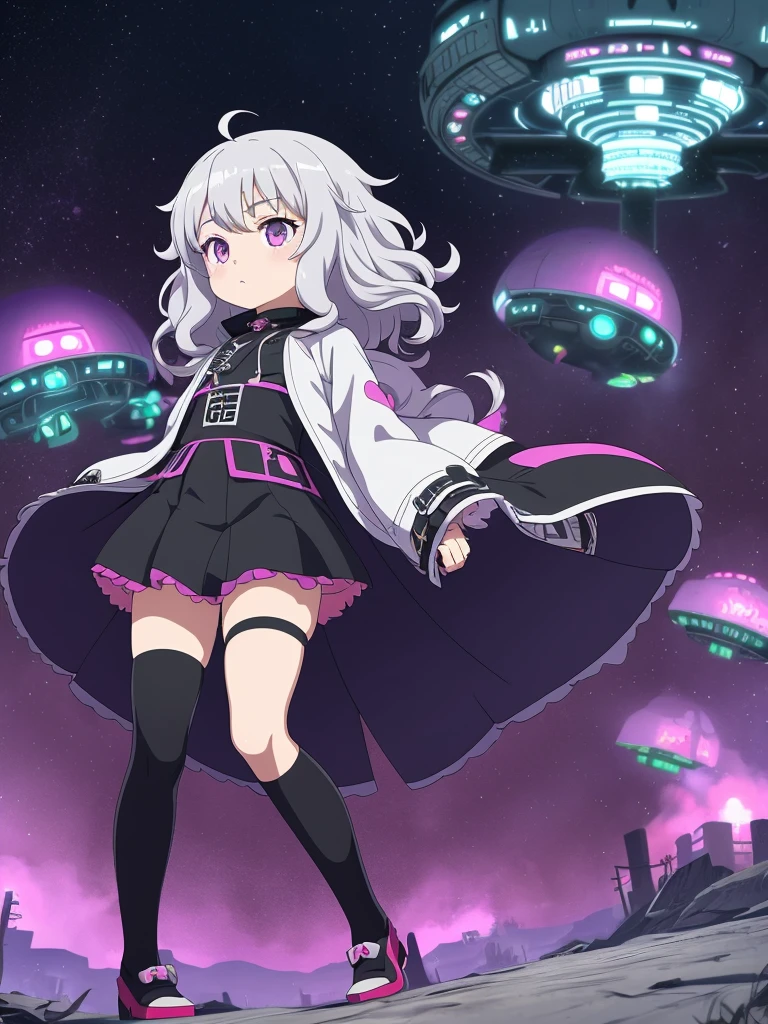 loli,anime,small female,HD,Detailed Background, masterpiece, highest quality,whole body,medium hair,silver hair,messy hair,Frizzy hair,kawaii,purple eye,UFO,invaders,town raid