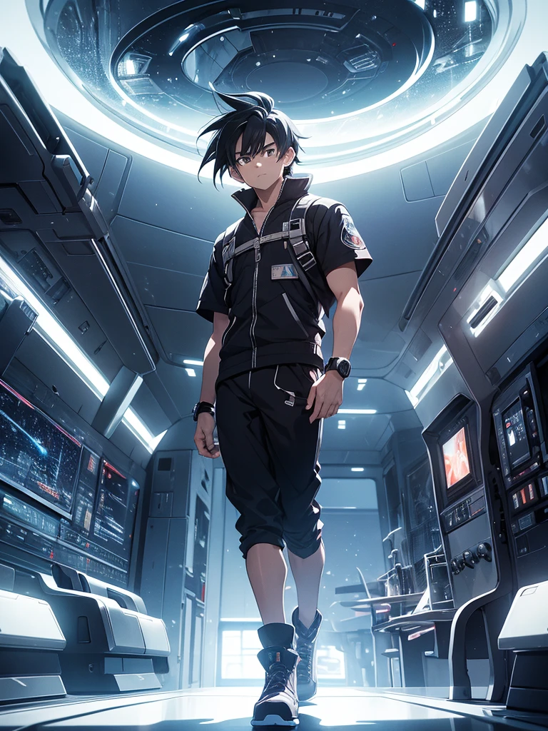 An adult boy with thick, messy black hair, and jet black eyes, designed in the style of Dragon Ball Z. You are aboard a futuristic and advanced spaceship. The ship has an elegant and aerodynamic design, with bright LED lights that illuminate the interior. The boy is standing near a large panoramic window that offers a stunning view of the planet Earth, suspended in the vast dark space. The ship&#39;s cabin is equipped with control panels full of buttons and holographic screens that display various data and graphs.. There are ergonomic seats and metal structures that suggest both comfort and cutting-edge technology.. The exterior of planet Earth is seen in all its splendor, with its blue oceans and clearly visible continents, highlighting the beauty of the home from the immensity of space. The scene should capture the iconic and dynamic style of the anime, with details that highlight the futuristic atmosphere, adventure and the loneliness of space.