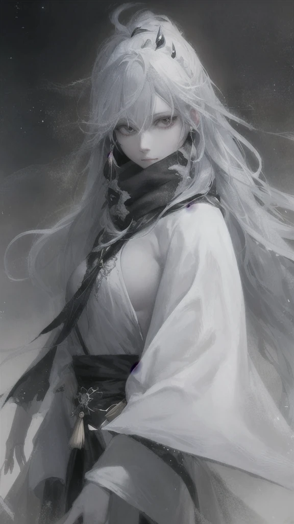 a close up of a woman with a white hair and a black scarf, a character portrait by Yang J, pixiv contest winner, fantasy art, white haired deity, beautiful character painting, artwork in the style of guweiz, the piercing stare of yuki onna, guweiz, with white long hair, with long white hair, flowing hair and long robes