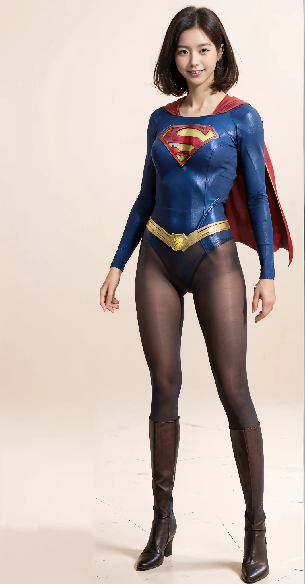 No background、(((Beautiful legs in black tights.)))、(((Legally express the beauty of your smile)))、((((Make the most of your original images)))、(((Supergirl Costume)))、(((Beautiful very short hair)))、(((suffering)))、(((Please wear black tights....、Wear red boots)))、((Best image quality、8K))、((Highest quality、8K、masterpiece:1.3))、(((Preserve background )))、Sharp focus:1.2、Beautiful woman with perfect figure:1.4、Slim Abs:1.2、Wet body:1.5、Highly detailed face and skin texture、8K