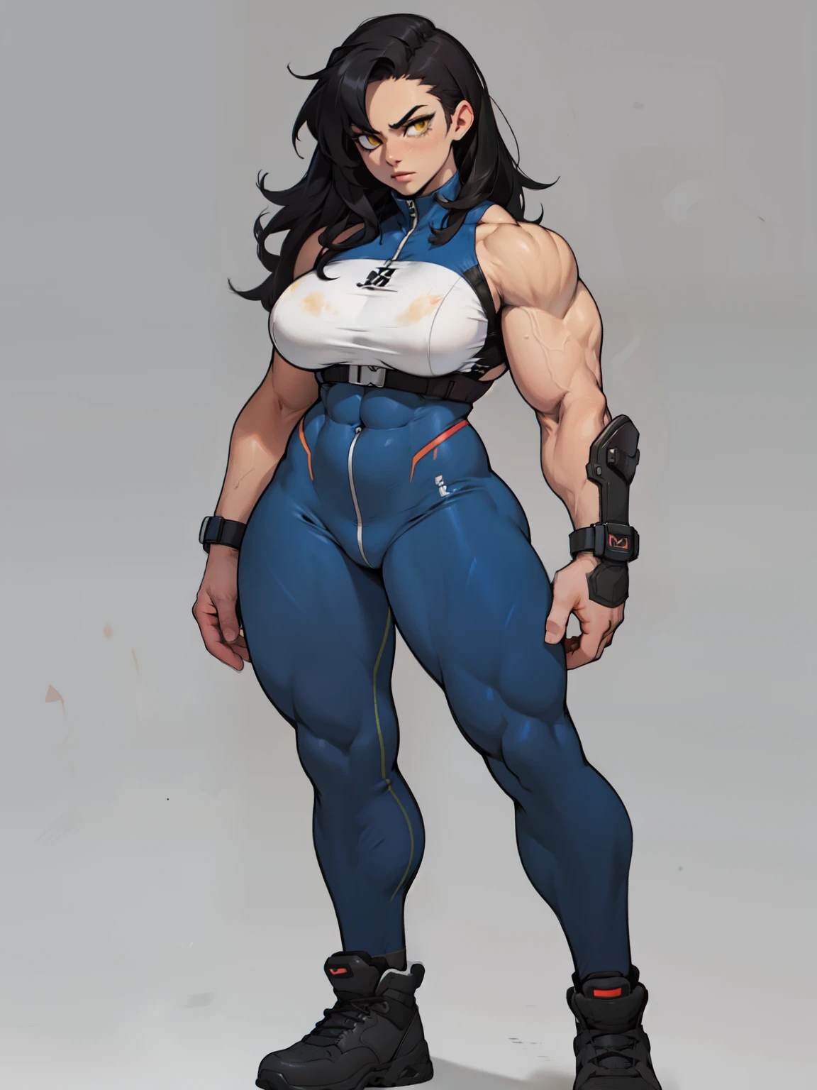 solo standing skintight ((muscular girl perfect anatomy)) toned body massive breasts yellow eyes black hair pale skin