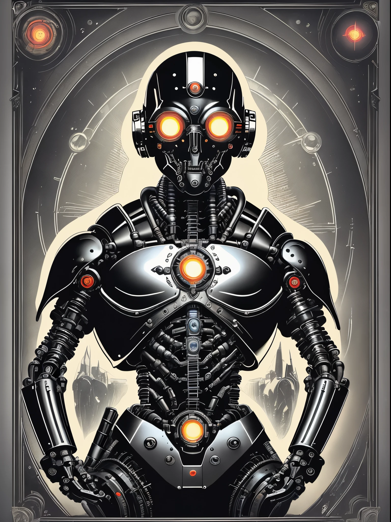 Cybernetic Revolutionaries, european male, magazine cover, poster art , Lovecraftian horror robot, bold huge text, matted design layout, strong, bold inking techniques, Metallic Silver and Gunmetal Gray: These colors are often used to represent the metallic components of cyborgs, giving them a sleek and futuristic appearance.