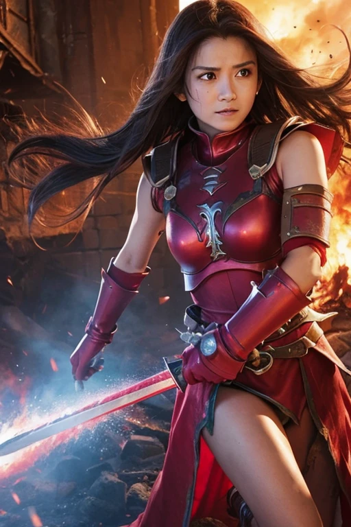 Dragon Quest、Woman warrior、Completely destroyed red armor、Injured in a fire attack、Remaining HP: 1、Shield is destroyed、Coming under attack、触手Coming under attack、Slashed with a sword、Being restrained、I&#39;will be defeated、Can&#39;t avoid attacks、Crucified、Executed、Real、Large damage、shield、sword、alone、Get down on one knee、Struck by hellfire、Final blow、Armor and armor、breastplate、腹にComing under attack、to faint、self-sacrifice