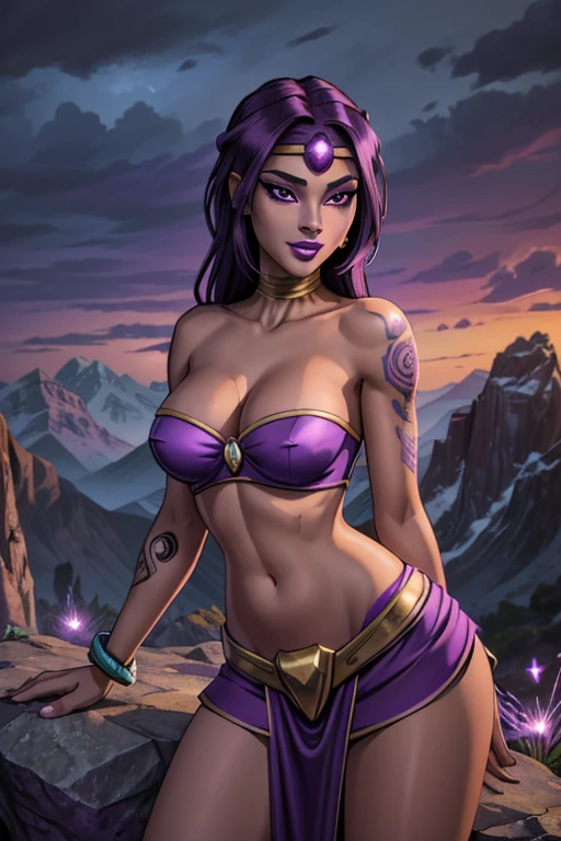 ((ultra quality)), ((masterpiece)), ((Purple-haired long hair)), (Beautiful face), (beautiful female lips), (Fantasy style, Fantasy setting), ((Sorceress)), (25 years old), charming, ((sexy facial expression)), looks at the camera, (dark skin color), (dark skin), glare on the body, ((Detailed eyes)), ((Purple eyes)), (juicy female lips), (purple lips), (purple eyeliner), (beautiful female hands), ((ideal female figure)), (Covered in Tattoo's), ideal female body, beautiful waist, beautiful hips, medium breasts, ((subtle and beautiful)), A seductive stance (She’s looking at the camera with an amused smile), (Wearing: headband, purple strapless top, purple mini-skirt, pelvic curtain, bracelets), both hands glowing bright purple, purple magic, bright purple sparks in both hands, (Background: Outdoors, stone temple, on top of a mountain, dark clouds in the sky, isolated tone, gorgeous view of the mountains), ((depth of field)), ((high quality clear image)), (clear details), ((high detail)), realistically, professional photo session, ((Clear Focus))