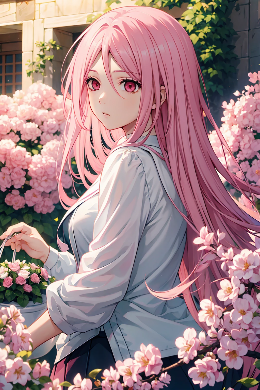 absurdres, highres, ultra detailed, HDR, master piece, best quality, Momoi Satsuki, pink long hair, expressive red eyes, Kuroko No Basket, solo, woman, beautiful, white jacket, blossoms, pink flowers, garden