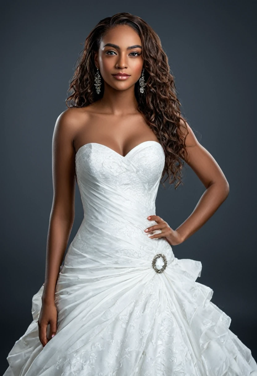 Stunning photo, night shoot, event photography of A beautiful woman, beautiful Latin face, young Brazilian Nyvi Estephan, Brazilian supermodel, serene and elegant beauty, Angolan descent, young adult 30 years old, nerdy woman, tall woman, a stunning black woman , with indigenous features, beautiful indigenous girl, native Brazilian, ((An indigenous African girl with European ebony)), ((her beauty is undeniable)), beautiful young ebony girl with dark skin, tanned Mexican, black hair with brown highlights, hair black curly hair with brown highlights, black voluminous hair with brown highlights, vibrant and dynamic cut with soft waves can add a modern and stylish touch. Has an exotic beauty with beautiful green eyes, realistic green eyes, bright green eyes, ultra detailed green eyes, ultra realistic green eyes, natural green eyes, ultra detailed iris, perfect eyes, perfect iris, hyper realistic eyes, eyeliner, long eyelashes and defined, penetrating gaze that conveys confidence, striking, powerful expression, strong presence, striking makeup, vibrant red lipstick, full lips, voluminous lips, seductive lips, captivating, striking, unforgettable, dazzling and mischievous smile, wide smile, your features are captivating , subtle smile on his lips. beautiful and detailed face, detailed skin texture, Notice her perfectly shaped eyebrows, which arch gracefully above her eyes, small nose that is proportionate to her face, and soft contour of her face that accentuates her high cheekbones. Beautiful and glowing skin, intricate details, smooth skin, healthy and radiant appearance, Attractive slim woman, Average bust, Average and beautiful breasts, athletic physique, flat stomach, slim waist, huge hips, wide hips, big ass, thick thighs, legs shapely concept art. Wear a sexy wedding dress, tight white wedding dress, corset dress, short wedding dress, sleeveless dress, wear white knee-high stockings and white high heels. 3D 4k, high resolution, full sharpness photo realistic, take