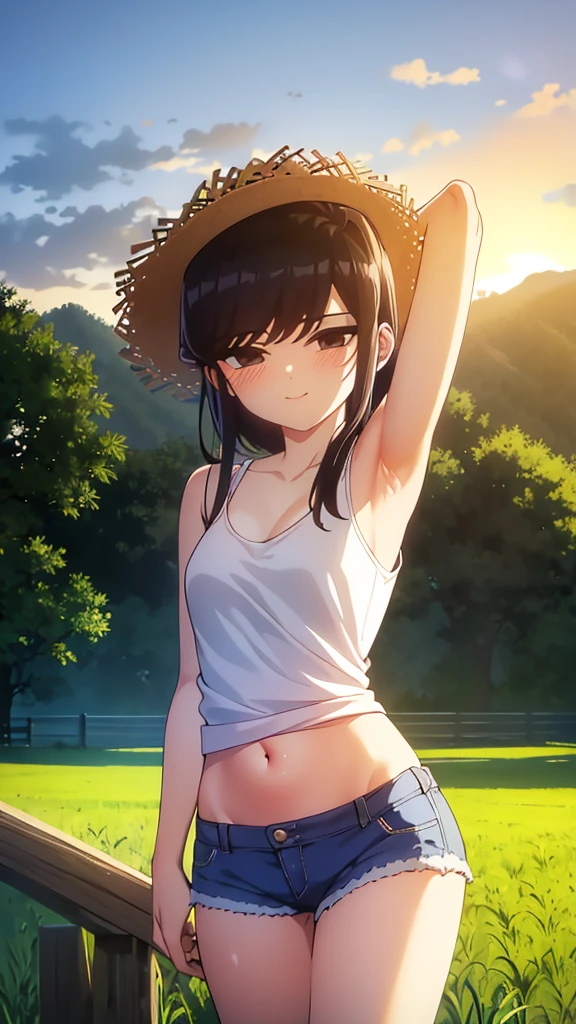 True Face　stand　alone　afternoon　bright　from the front　straight　low length　Cowboy Shot　Place your arms behind your head　Belly button　countryside　Beautiful scenery　Straw hat　Show me your armpit hair　Beauty　blush　Tank top　Shorts　smile　Summer evening　Paddy field