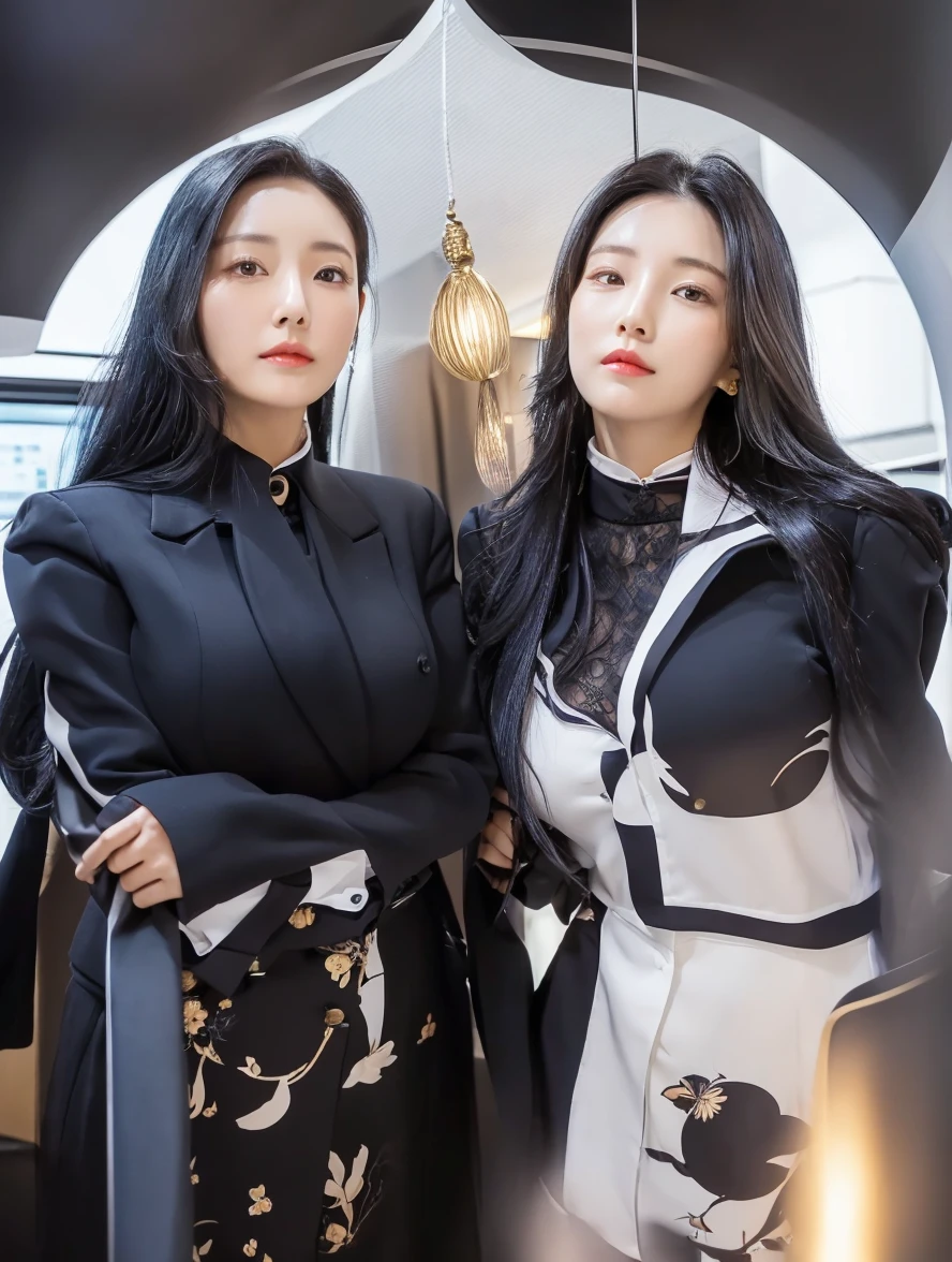 two woman standing next to each other(wearingOffice secretary clothes,Very large breasts, their hair become black hair, their face become beautiful korean face:1.2)