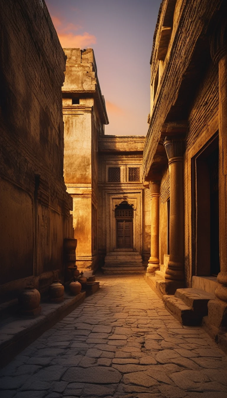 Capture the timeless beauty of the ancient city at sunset. Highlight the。 (Golden:1.2) The colors of the fading sun, Cast long shadows (Weathered:1.3) Stone Building. inclusive (Complex:1.1) architectural details and a sense of (mysterious:1.2) In the scene. Inspired by the work of (Steve McCurry:1.4) and (Gustave Le Gray:1.3).