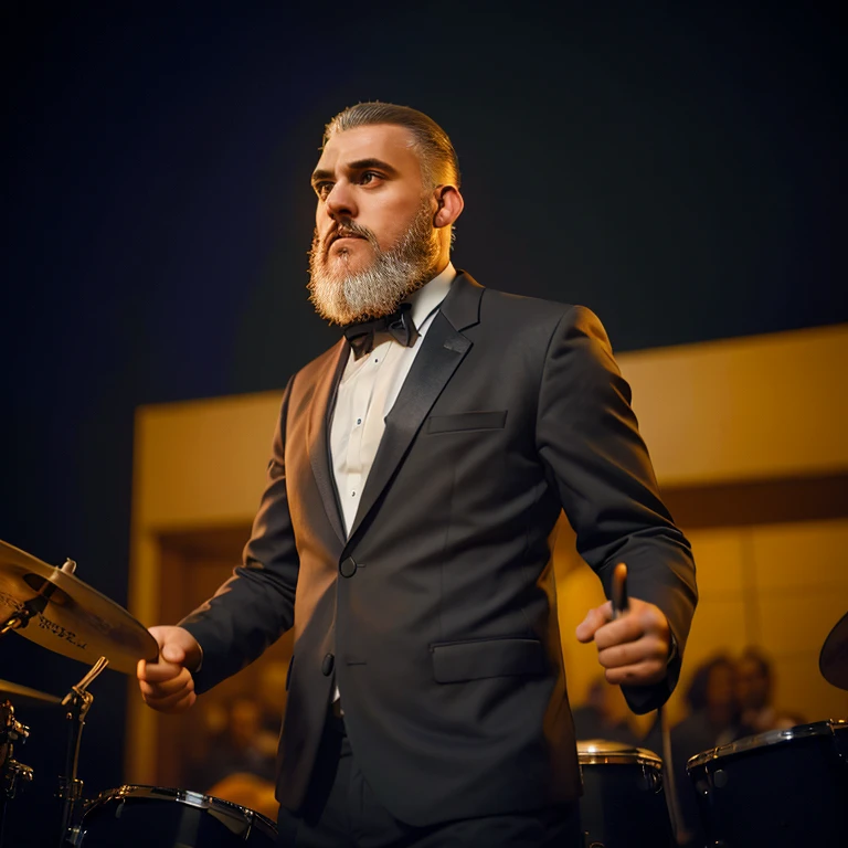a bearded man wearing a formal suit, playing drums on a stage, dramatic lighting, cinematic composition, photorealistic, highly detailed, 8k, dramatic shadows, moody colors, orchestral soundtrack, dynamic motion blur, chiaroscuro lighting, dramatic atmosphere, cinematic camera angle