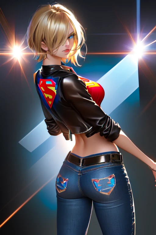 Supergirl, (tanned young woman, (blonde, blue colored eyes, short hair covering one eye, tanned skin with panty lines, perfectbody, perky breasts, hardnipples), red lipgloss stick, (black leather jacket, with small Superman symbol on the arm, yellow Seperman symbol embroidered on the back, tight blue tank top with small Superman symbol on the left side of the chest, exposed abdomen, black leather belt, low waist jeans, Vemeho sneakers), Masterpiece artwork, high qualiy, back-illuminated)) natural lighting, high qualiy, Masterpiece artwork , hair blonde, hair over one eye, glare eyes, glare eyes, seducing smile, Hyper-Realism, image fill, Lens flare, from behind olhando para a camera, precise, anatomically correcte, texturized skin, super detaill, hair blonde, hair over one eye, glare eyes , glare eyes, seducing smile, Hyper-Realism, image fill, under, Lens flare, from behind, from behind, 8K, uhd, 8K, precise, uhd, anatomically correcte, texturized skin, super detaill, 8