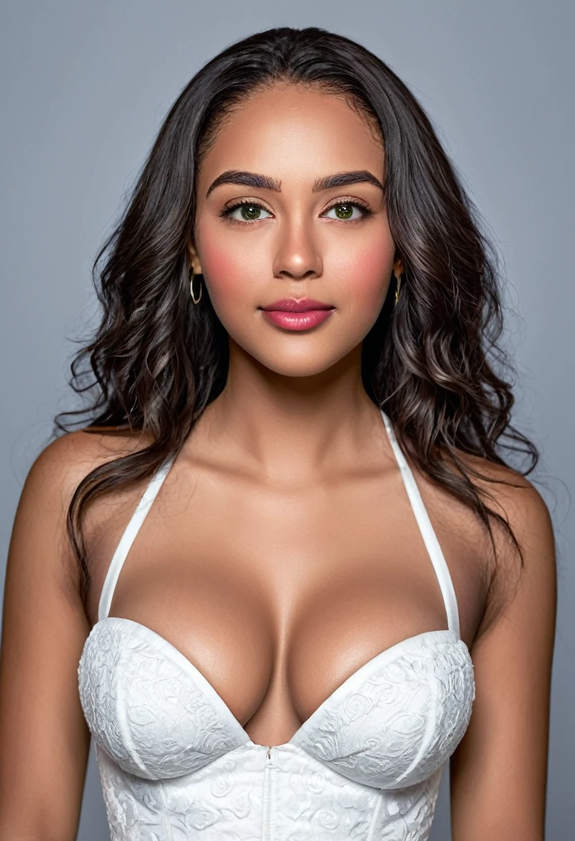 Stunning photo, night shoot, event photography of A beautiful woman, beautiful Latin face, young Brazilian Nyvi Estephan, Brazilian supermodel, serene and elegant beauty, Angolan descent, young adult 30 years old, nerdy woman, tall woman, a stunning black woman , with indigenous features, beautiful indigenous girl, native Brazilian, ((An indigenous African girl with European ebony)), ((her beauty is undeniable)), beautiful young ebony girl with dark skin, tanned Mexican, black hair with brown highlights, hair black curly hair with brown highlights, black voluminous hair with brown highlights, vibrant and dynamic cut with soft waves can add a modern and stylish touch. Has an exotic beauty with beautiful green eyes, realistic green eyes, bright green eyes, ultra detailed green eyes, ultra realistic green eyes, natural green eyes, ultra detailed iris, perfect eyes, perfect iris, hyper realistic eyes, eyeliner, long eyelashes and defined, penetrating gaze that conveys confidence, striking, powerful expression, strong presence, striking makeup, vibrant red lipstick, full lips, voluminous lips, seductive lips, captivating, striking, unforgettable, dazzling and mischievous smile, wide smile, your features are captivating , subtle smile on his lips. beautiful and detailed face, detailed skin texture, Notice her perfectly shaped eyebrows, which arch gracefully above her eyes, small nose that is proportionate to her face, and soft contour of her face that accentuates her high cheekbones. Beautiful and glowing skin, intricate details, smooth skin, healthy and radiant appearance, Attractive slim woman, Average bust, Average and beautiful breasts, athletic physique, flat stomach, slim waist, huge hips, wide hips, big ass, thick thighs, legs shapely concept art. Wear a sexy wedding dress, tight white wedding dress, corset dress, short wedding dress, sleeveless dress, wear white knee-high stockings and white high heels. 3D 4k, high resolution, full sharpness photo realistic, take