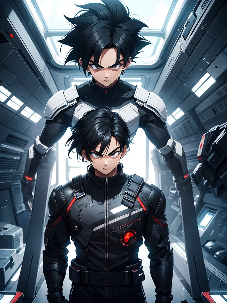An adult boy with thick, messy black hair, and jet black eyes, designed in the style of Dragon Ball Z. You are aboard a futuristic and advanced spaceship. The ship has an elegant and aerodynamic design, with bright LED lights that illuminate the interior. The boy is standing near a large panoramic window that offers a stunning view of the planet Earth, suspended in the vast dark space. The ship's cabin is equipped with control panels full of buttons and holographic screens that display various data and graphs.. There are ergonomic seats and metal structures that suggest both comfort and cutting-edge technology.. The exterior of planet Earth is seen in all its splendor, with its blue oceans and clearly visible continents, highlighting the beauty of the home from the immensity of space. The scene should capture the iconic and dynamic style of the anime, with details that highlight the futuristic atmosphere, adventure and the loneliness of space.