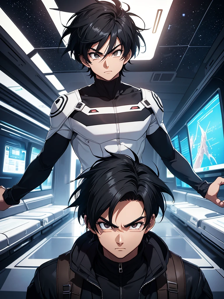 An adult boy with thick, messy black hair, and jet black eyes, designed in the style of Dragon Ball Z. You are aboard a futuristic and advanced spaceship. The ship has an elegant and aerodynamic design, with bright LED lights that illuminate the interior. The boy is standing near a large panoramic window that offers a stunning view of the planet Earth, suspended in the vast dark space. The ship&#39;s cabin is equipped with control panels full of buttons and holographic screens that display various data and graphs.. There are ergonomic seats and metal structures that suggest both comfort and cutting-edge technology.. The exterior of planet Earth is seen in all its splendor, with its blue oceans and clearly visible continents, highlighting the beauty of the home from the immensity of space. The scene should capture the iconic and dynamic style of the anime, with details that highlight the futuristic atmosphere, adventure and the loneliness of space.