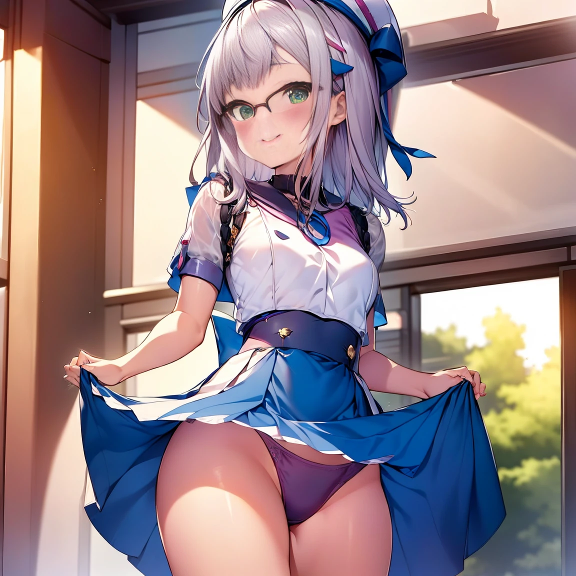 8K、masterpiece、Japanese、Woman wearing glasses、Neon（nod)、from the front、smile、Childish、Small breasts、See-through underwear、night、Bedroom、Show your underwear、mini skirt