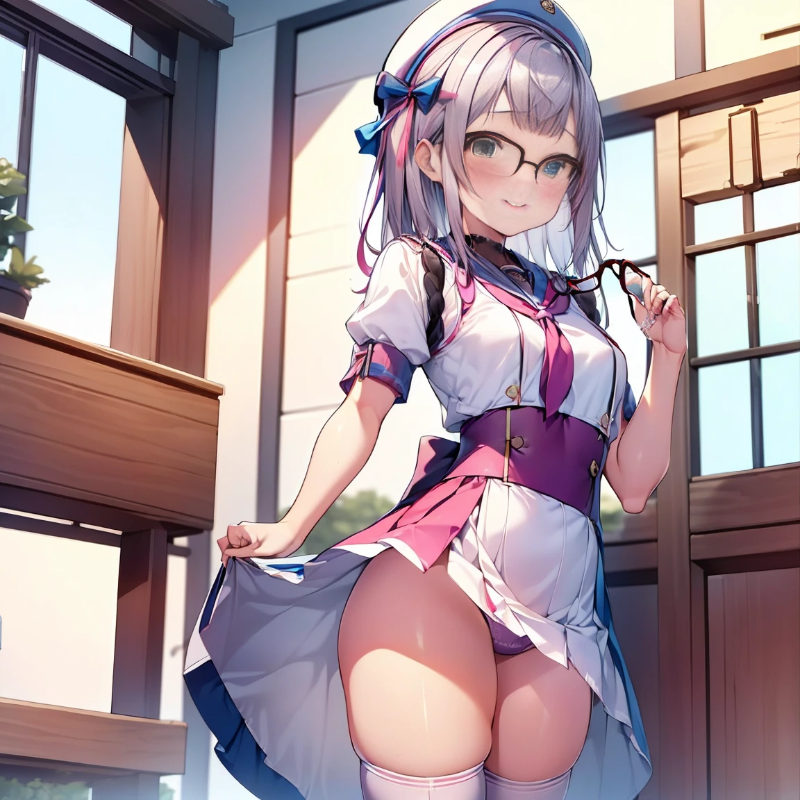 8K、masterpiece、Japanese、Woman wearing glasses、Neon(nod)、from the front、smile、Childish、Small breasts、See-through underwear、night、Bedroom、Show your underwear、mini skirt