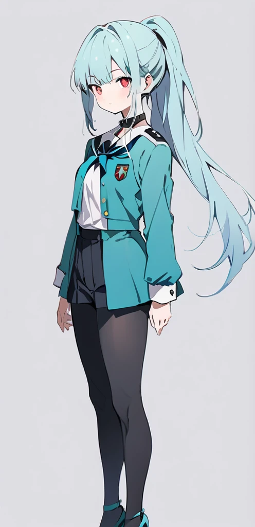 (masterpiece, best quality:1.2), 1girl, solo,((( reference sheet)))), ((( small chest))), (((black collar)), 
((long ponytail turquoise hair))), ((red eyes))), White sleeveless tank top, turquoise uniform school,((turquoise uniform)))( black pantihose),(turquoise highheels) hard nipples