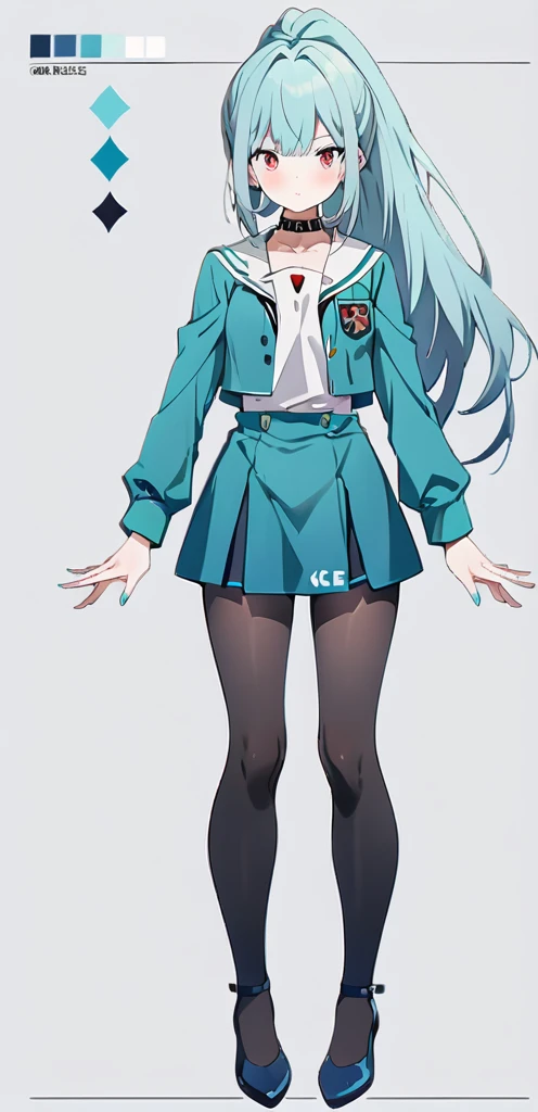 (masterpiece, best quality:1.2), 1girl, solo,((( reference sheet)))), ((( small chest))), (((black collar)), 
((long ponytail turquoise hair))), ((red eyes))), White sleeveless tank top, turquoise uniform school,((turquoise uniform)))( black pantihose),(turquoise highheels) hard nipples