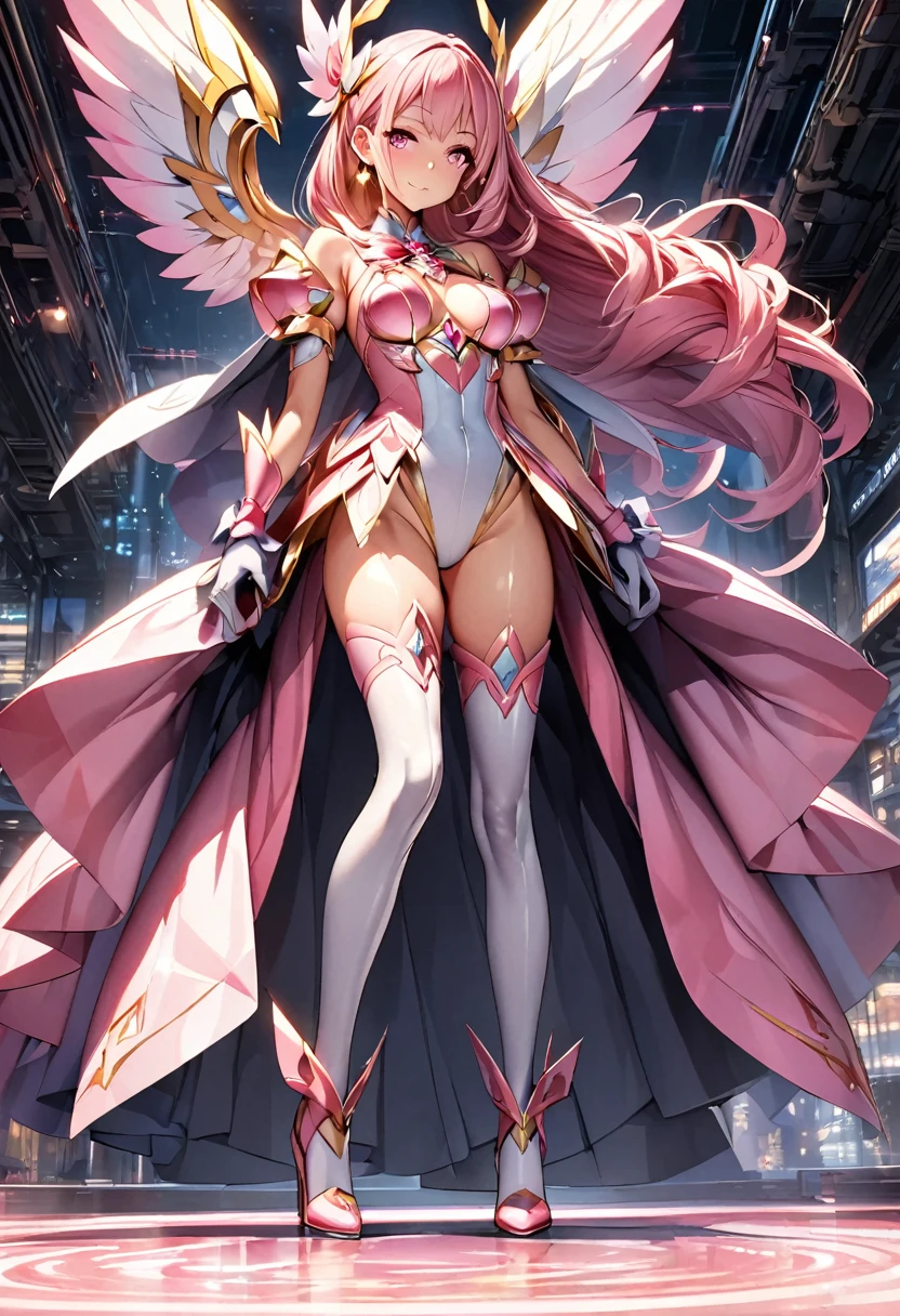 (Perfect Anatomy)、Mastepiece、Ultra High Quality、 8K、masterpiece、Highest quality、Ultra-high resolution、Maximum resolution、Very detailed、Professional Lighting、anime、woman、thin、so beautiful、Highly detailed eye、Highly detailed face、Golden earrings、Pink Hair,、Pink eyes、Mid-chest, upper arm pink armor, white leotard, pink pattern, full body, magical girl, Angel Girl, Are standing, pink thigh high stockings, white super long boots, pink gauntlet, high heels