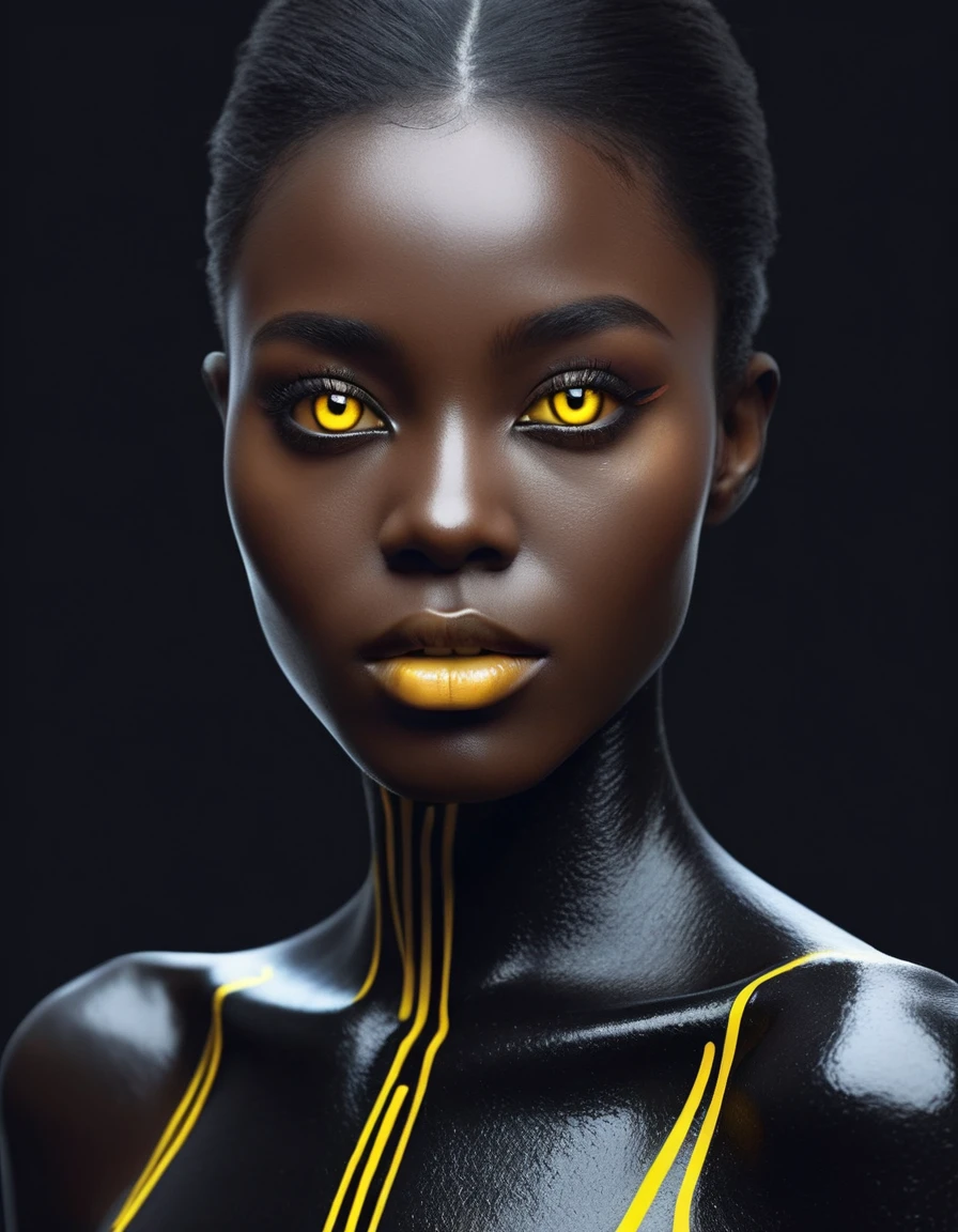 Stunning, pristine futuristic black beautiful woman, with a black background, modern minimalist view with pure black aesthetics, bright yellow eyes, 4K, super detail, anatomically correct, high details, best quality