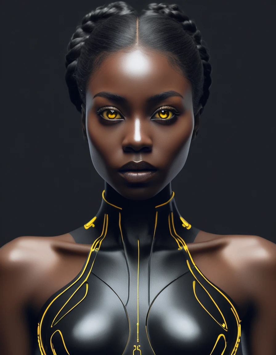 Stunning, pristine futuristic black beautiful woman, with a black background, modern minimalist view with pure black aesthetics, bright yellow eyes, 4K, super detail, anatomically correct, high details, best quality